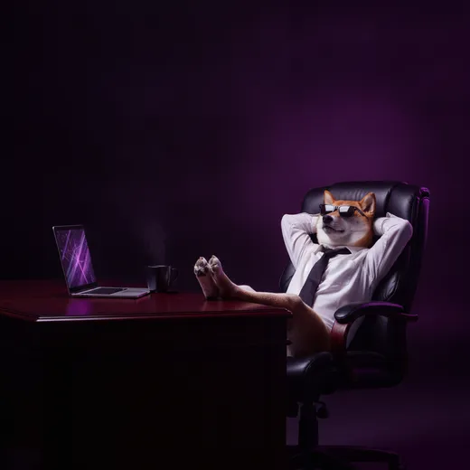 Shiba executive with feet up on a desk in a dark purple office
