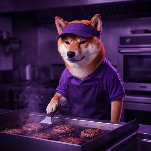 A Shiba Inu cook at a fast-food grill