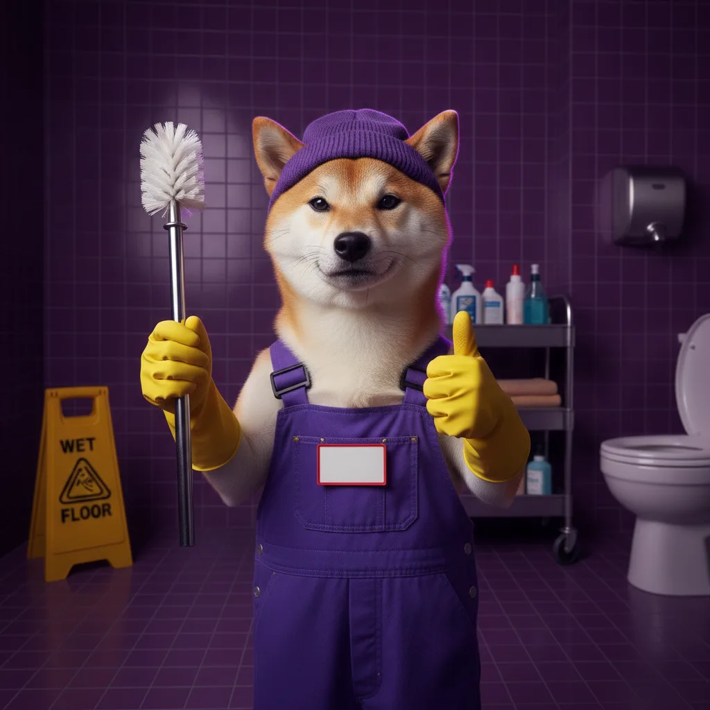 A Shiba Inu janitor in a purple beanie and coveralls holding a toilet brush and giving a thumbs up