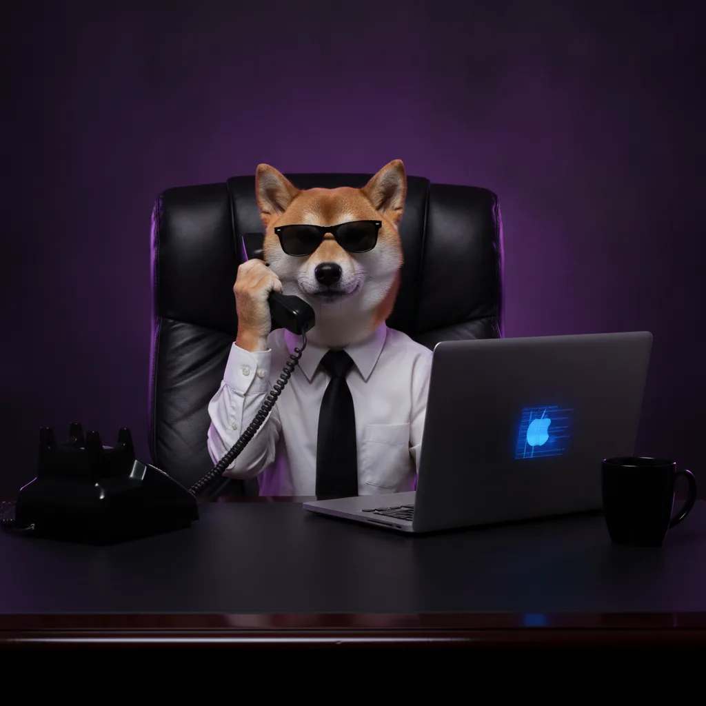 Shiba Inu executive in sunglasses, white shirt and black tie, taking a call on a desk phone beside a laptop