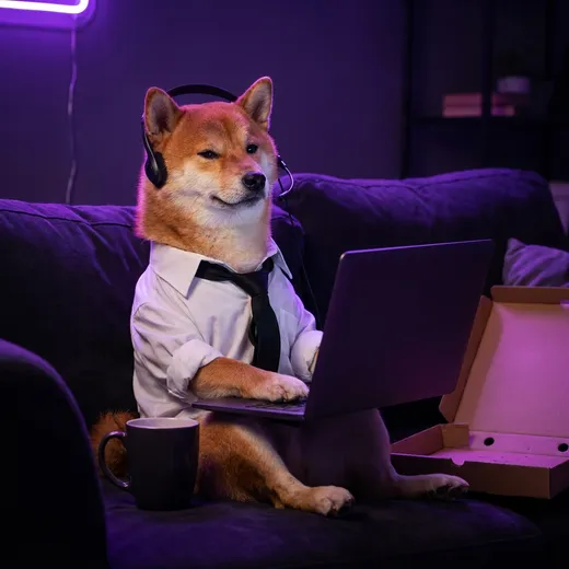 A Shiba Inu working remotely on a couch with a laptop