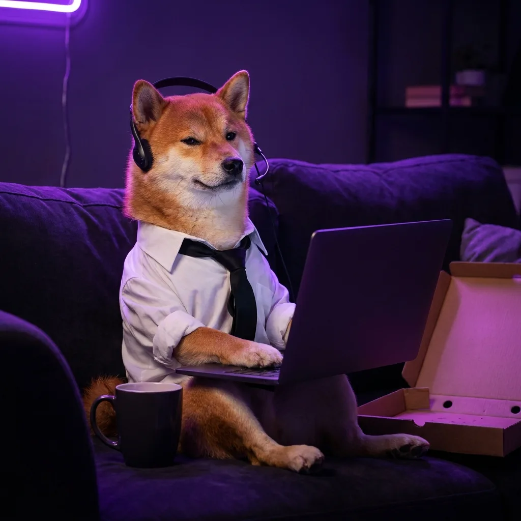 A Shiba Inu working from home on a couch with a laptop and headset late at night