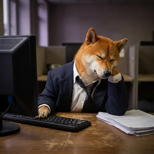 A tired Shiba Inu in a suit asleep at his desk