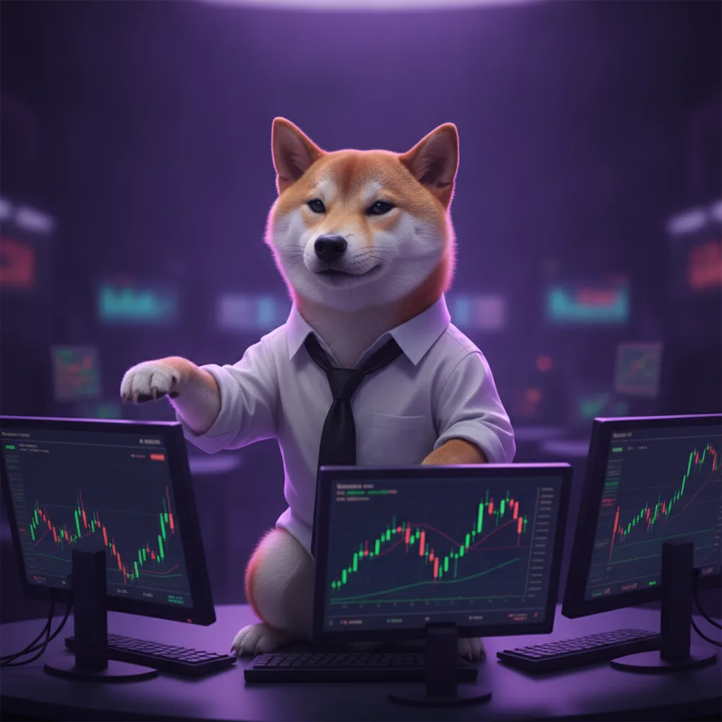 A Shiba Inu on a busy trading floor surrounded by screens of green charts